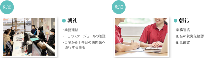 朝礼 ・業務連絡・１日のスケージュールの確認・自宅から１件目の訪問先へ直行する事も