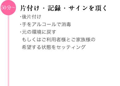 50分〜 片付け・記録・サインを頂く　・後片付け　・手をアルコールで消毒・　元の環境に戻す　もしくはご利用者様とご家族様の希望する状態をセッティング